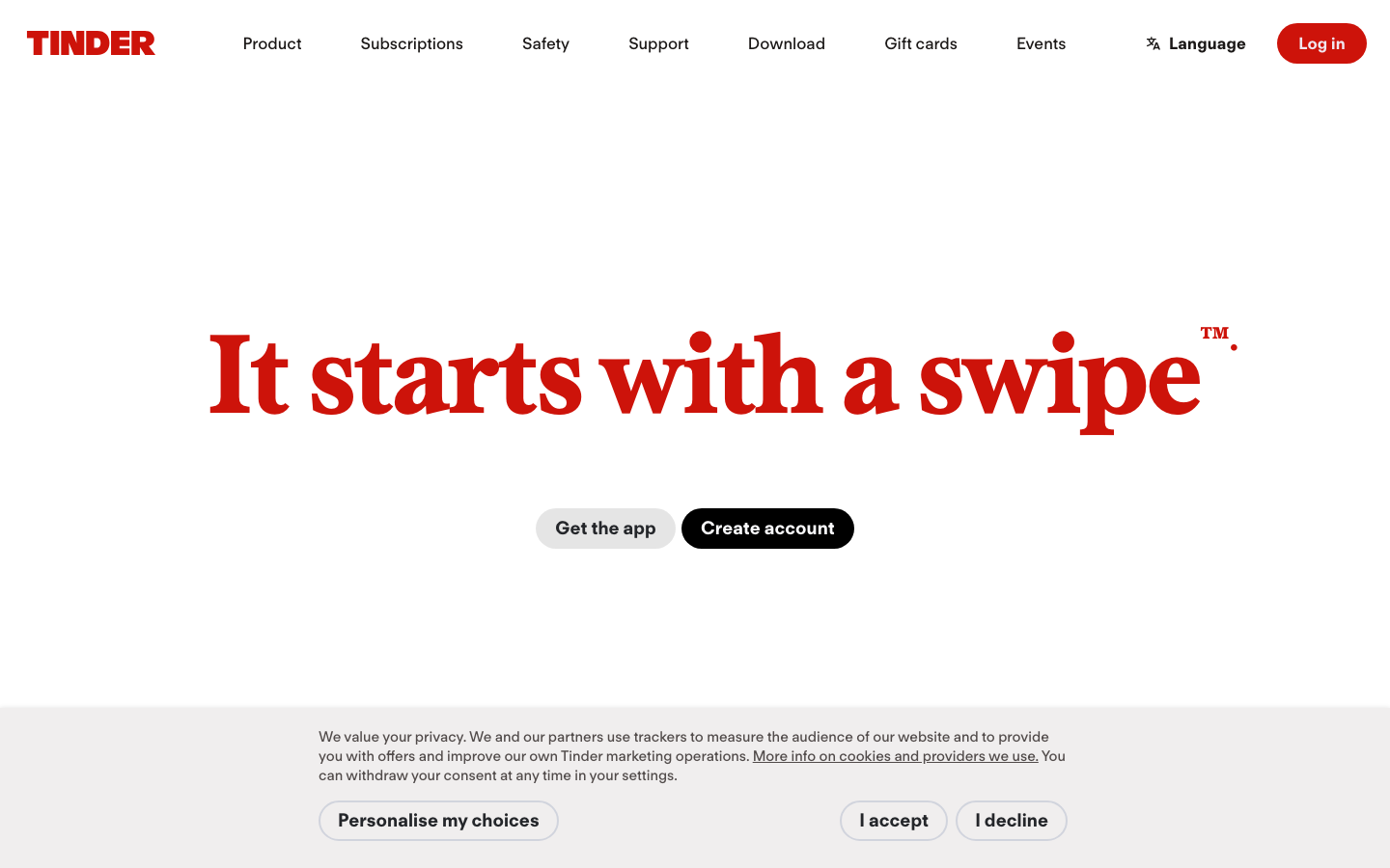 Tinder website homepage screenshot